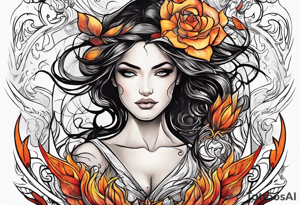 Resurrection strength and courage Beautiful Woman walking through fire and chaos to inner peace and self-love  ethereal tattoo idea
