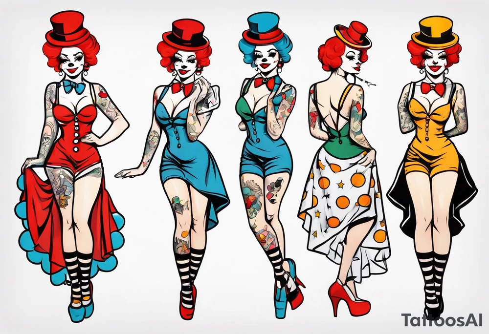 female pin up clown full body tattoo idea