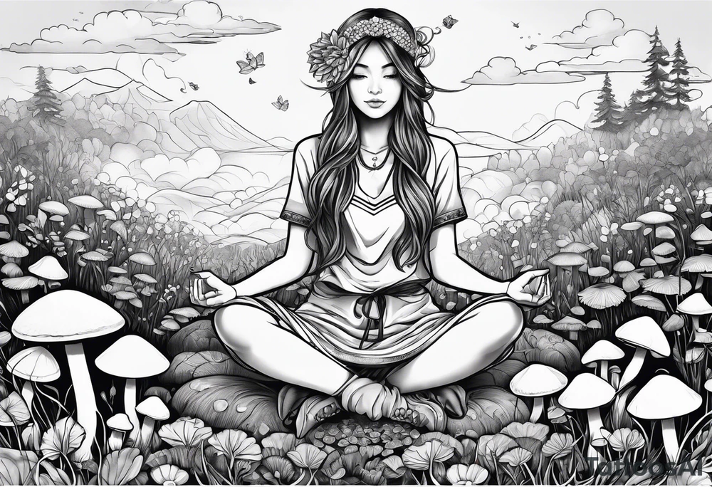 Girl sitting lotus position in field of mushrooms tattoo idea