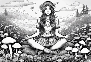 Girl sitting lotus position in field of mushrooms tattoo idea