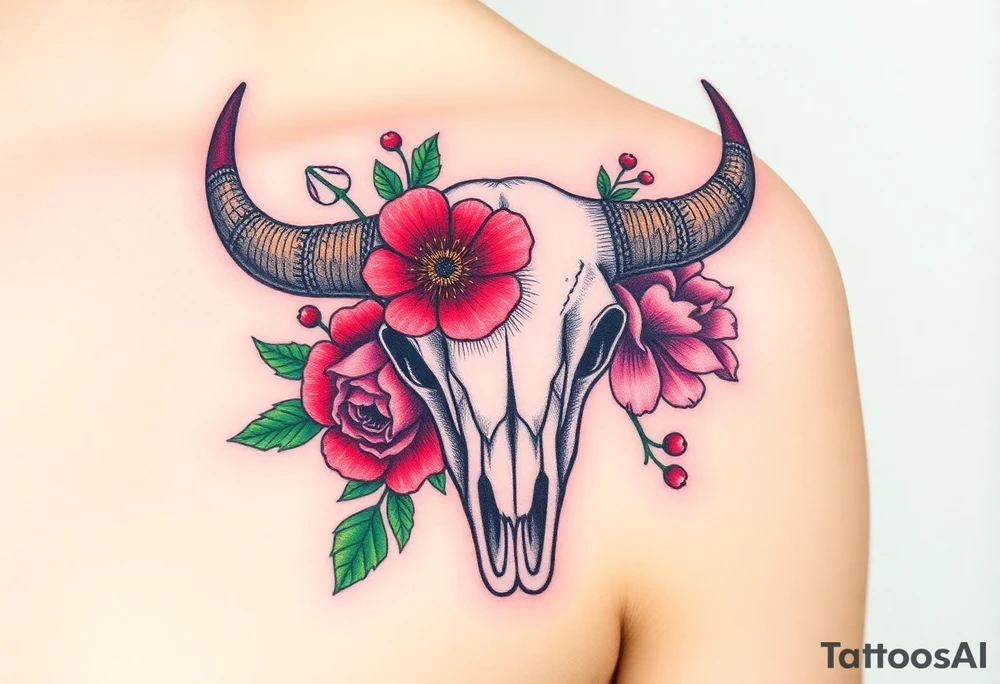 Buffalo or bison skull with flowers. Snow drop and red peony. Green holly with red berries, purple larkspur, red peony.  Colour. For upper arm or shoulder. tattoo idea