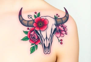 Buffalo or bison skull with flowers. Snow drop and red peony. Green holly with red berries, purple larkspur, red peony.  Colour. For upper arm or shoulder. tattoo idea