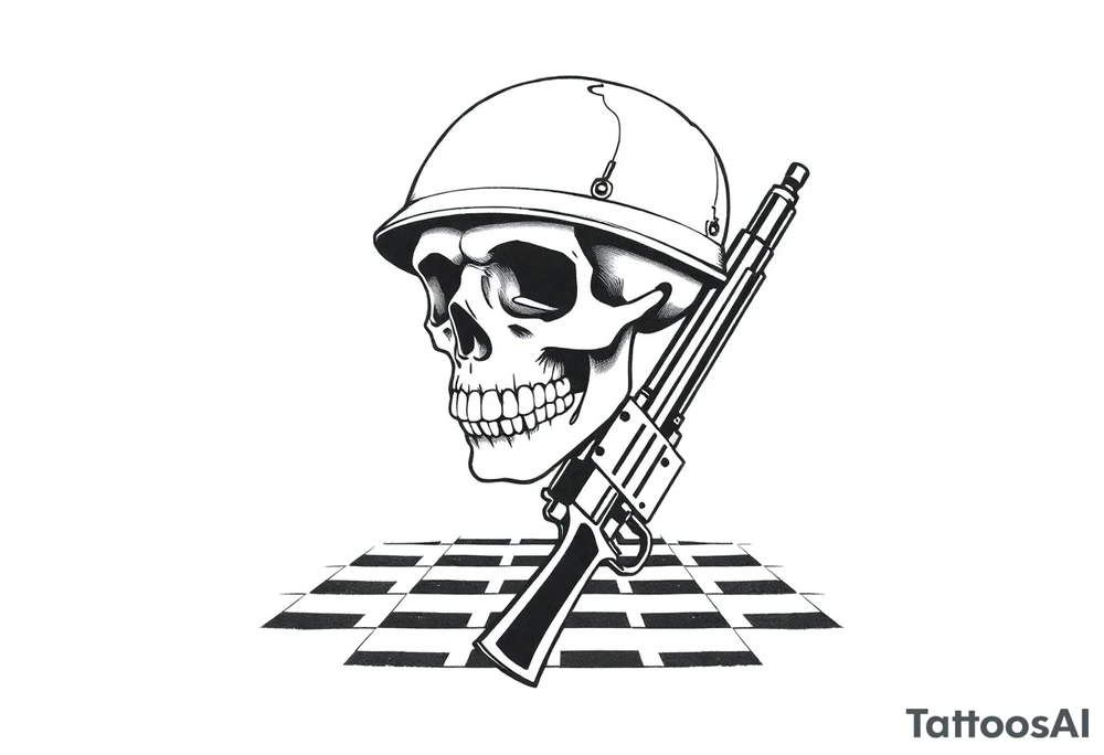 soldier skull with gun and checkered floor tattoo idea