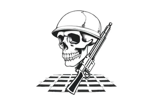 soldier skull with gun and checkered floor tattoo idea