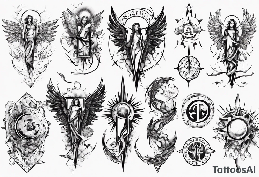 abstraction with sun and letters and angels tattoo idea