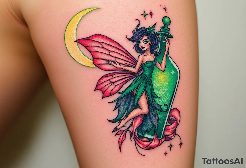 Tim Burton’s kelly doty pin up style Vintage Parisian elegant and hauntingly beautiful yet eerie full body absinthe Green Fairy dances outside her victorian crystal decatur she was once inside this elaborate ornate bottle absinthe bottle Absinthe Art Nouveau   and dripping with muted reds, dusty pinks, and eerie green glow.purple and cyan smokey clouds swirl in the crescent moonlit sky thats sprinkled with stars tattoo idea