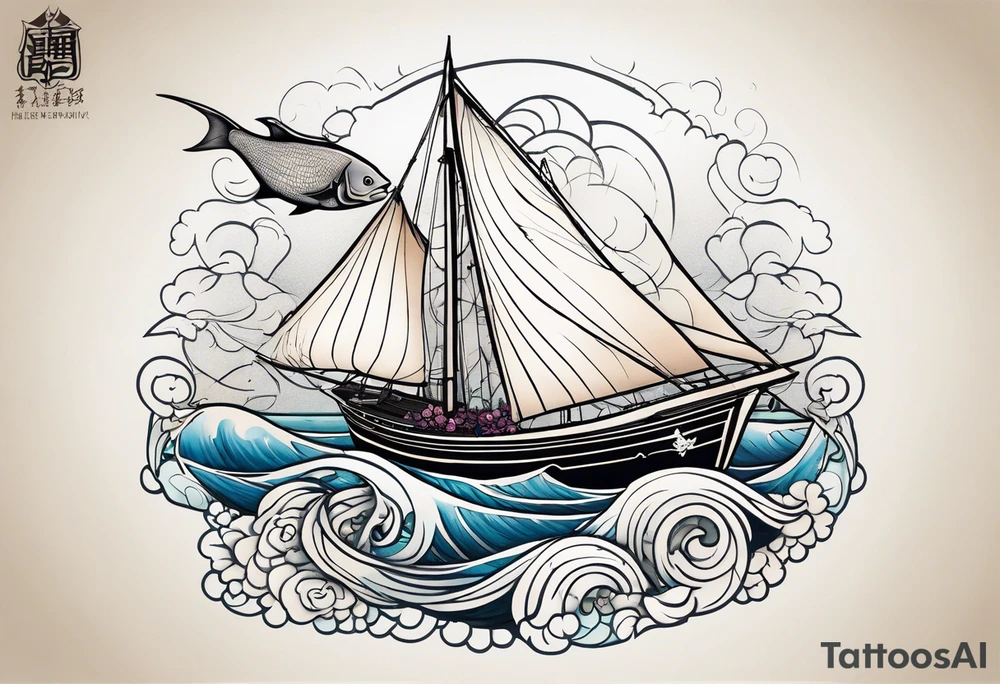 sloop rigged sailboat with pacific sheepshead and bat ray below the water line tattoo idea