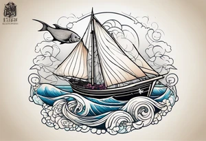 sloop rigged sailboat with pacific sheepshead and bat ray below the water line tattoo idea