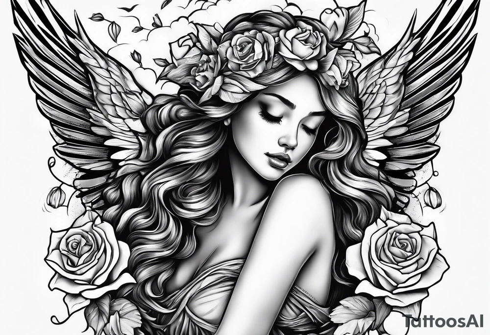 crying broken angel on swing add rose, lily daffodil, daisy, carnation narcissus around add hummingbird tattoo idea