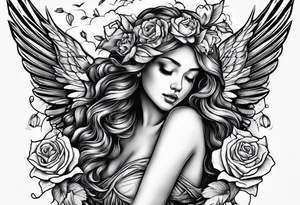 crying broken angel on swing add rose, lily daffodil, daisy, carnation narcissus around add hummingbird tattoo idea