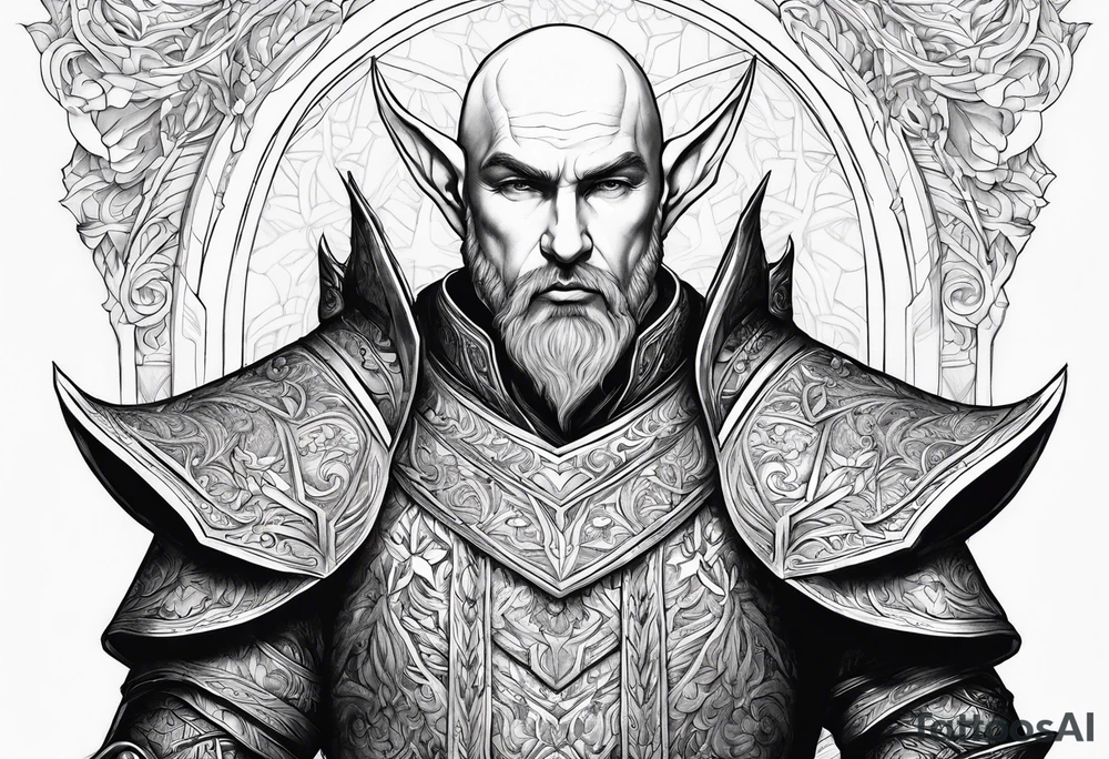 a full body picture of a human-elf, bearded bald male, paladin, from a distance tattoo idea