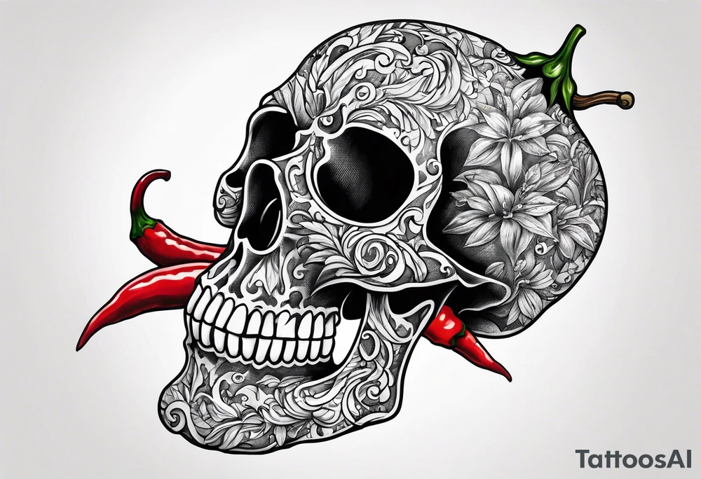 A chilli pepper with a skull fused onto it and facing one of the sides. tattoo idea