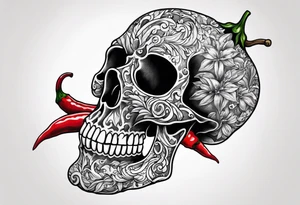 A chilli pepper with a skull fused onto it and facing one of the sides. tattoo idea