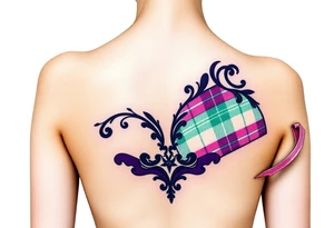 Breasts

Dark Purple with green pink blue and white highlights tartan fabric with skin around edges peeling and wrapping around side of shoulder tattoo idea