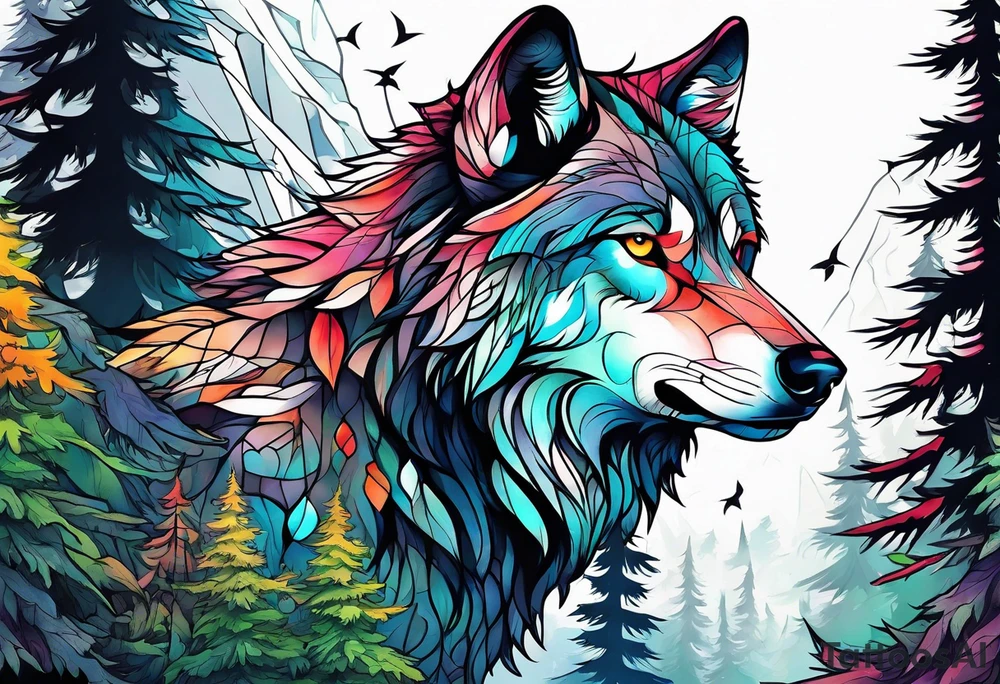 wolf mountain forest tattoo idea