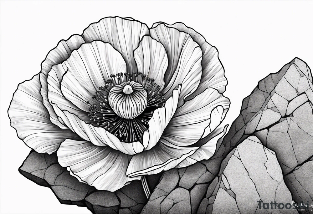 poppy growing out of rock hugging 
rock in support tattoo idea