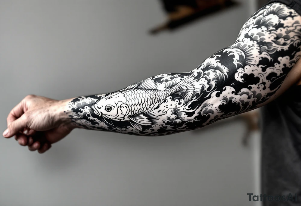 traditional koi fish swimming upstream through turbulent waves tattoo idea