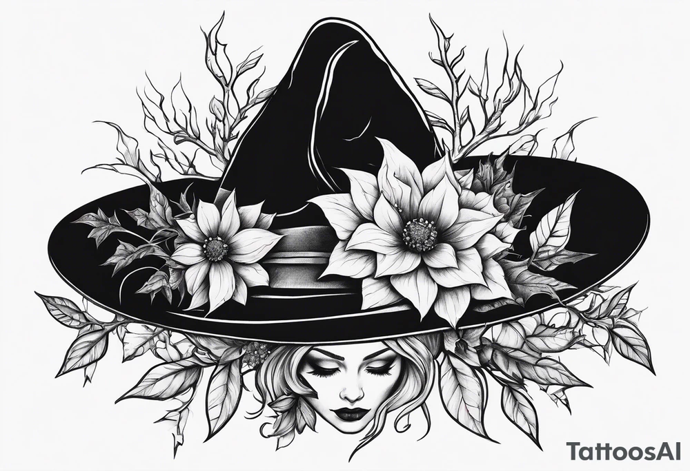 Witch hat
Black flowers 
Thorns tattoo idea
