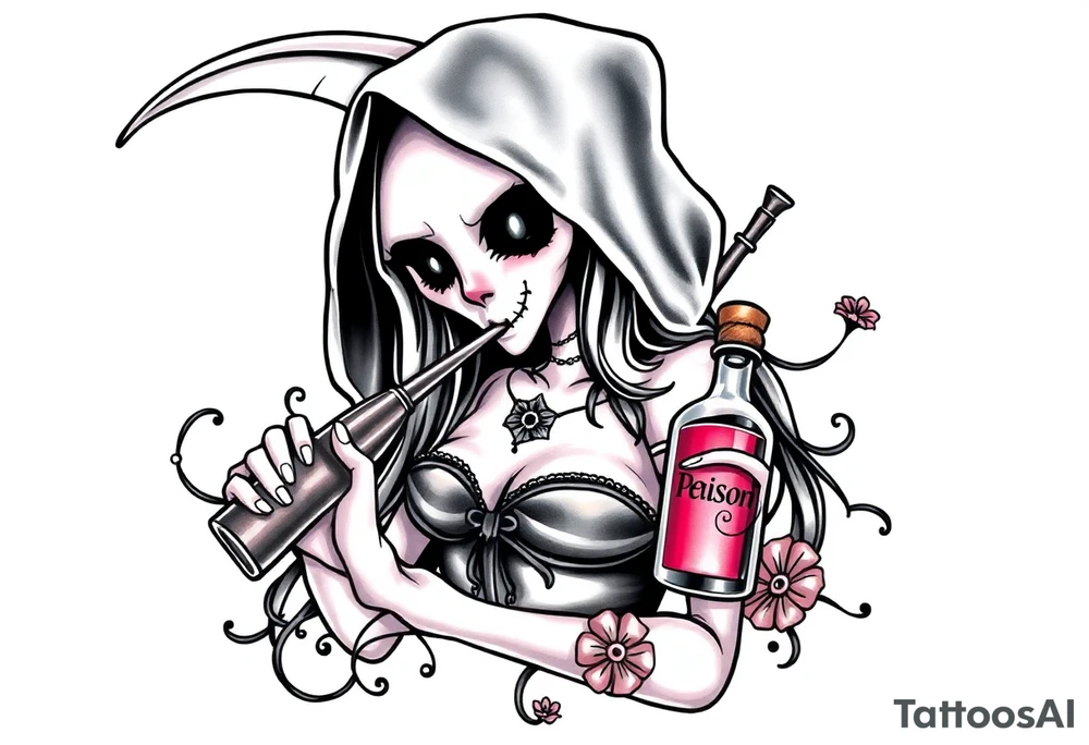 Sexy  xxx Female grim. Reaper and drinks her
 death poison bottle tattoo idea