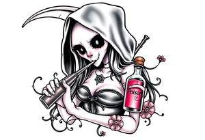 Sexy  xxx Female grim. Reaper and drinks her
 death poison bottle tattoo idea