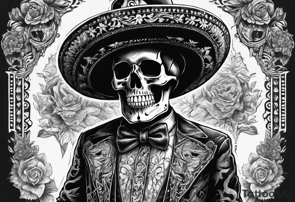 full body of standing skeleton in the suit with hat in mexican style, similar to santa muerte tattoo idea