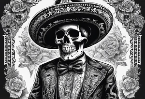 full body of standing skeleton in the suit with hat in mexican style, similar to santa muerte tattoo idea