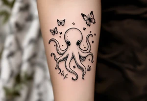 cute octopus, friendly, surrounded by butterflies and oceanic items, brown ink tattoo idea