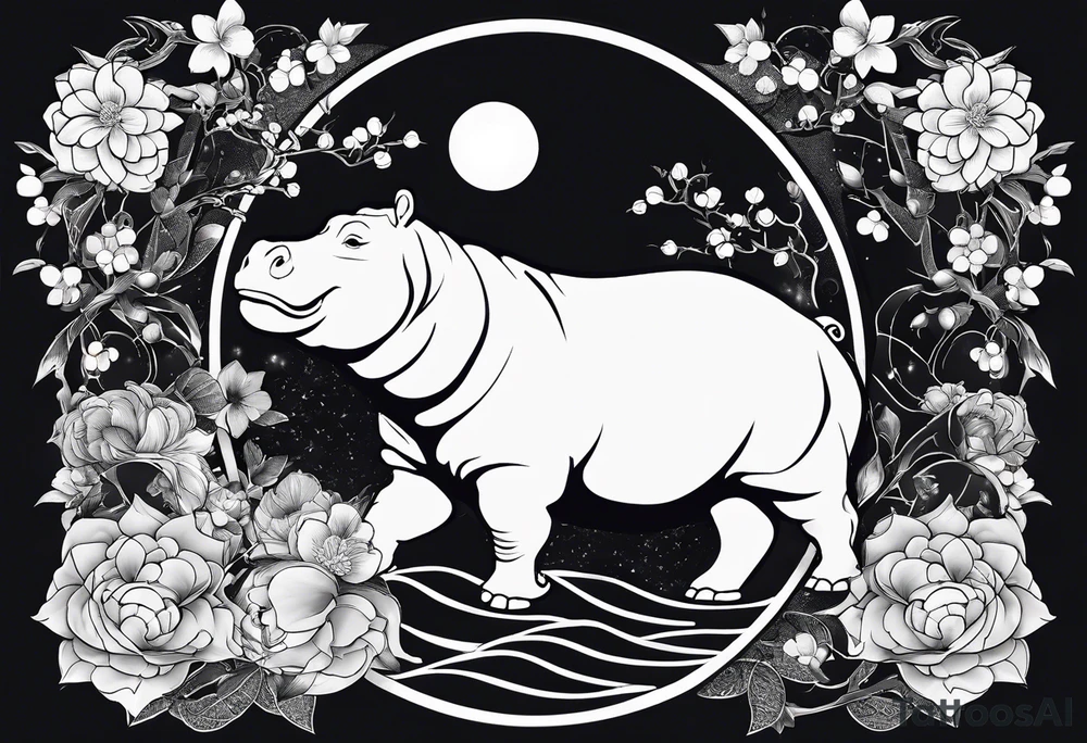 Very asymmetrical, +geometric pattern, with realistic full moon, with seeious looking hippo, +zen feel, + Buddhism touch,
with wintersweet flower bud, +portrait orientation, +inkart touch, tattoo idea