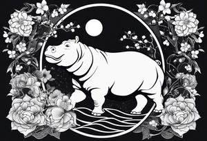 Very asymmetrical, +geometric pattern, with realistic full moon, with seeious looking hippo, +zen feel, + Buddhism touch,
with wintersweet flower bud, +portrait orientation, +inkart touch, tattoo idea