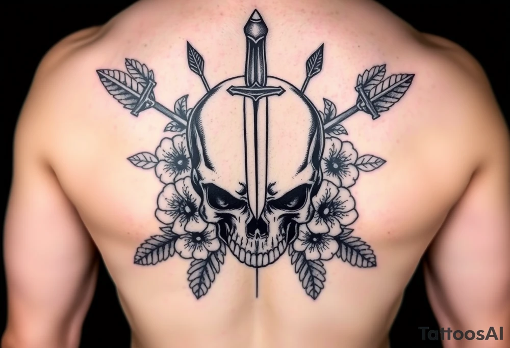 Half sleeve design. High resolution. Realistic skull with dagger through the top of it. Surrounds by arrows, flowers and leaves. Symmetrical tattoo idea