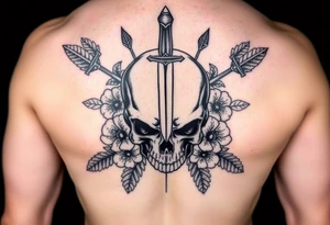 Half sleeve design. High resolution. Realistic skull with dagger through the top of it. Surrounds by arrows, flowers and leaves. Symmetrical tattoo idea