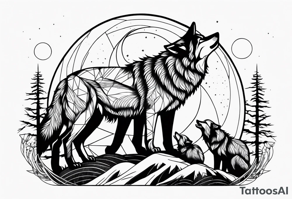 Wolfs with 4 cubs howling at blood moon tattoo idea