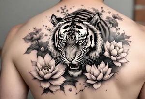 fierce tiger emerging through blooming lotus flowers in mist tattoo idea