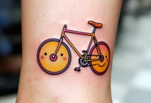 A bicycle with the wheels forming smiling faces, with a blend of bright colors like yellow, orange, and pink for a light-hearted, cheerful design. tattoo idea