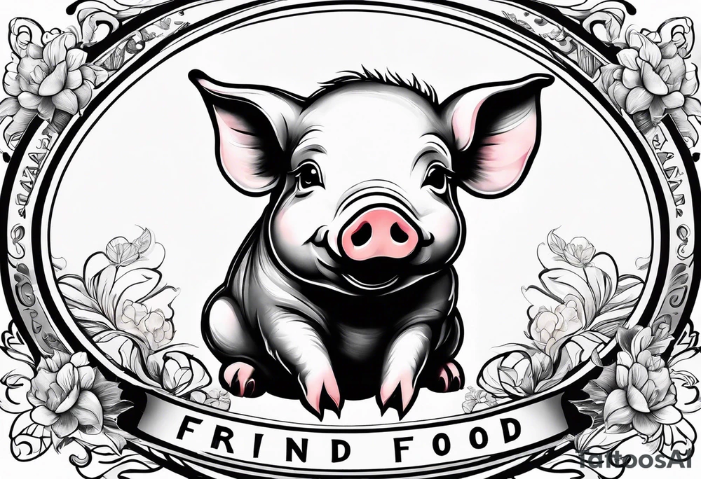 cute pig or piglet.
with text: "friends not food" 
very thin lines
cartoonish style tattoo idea