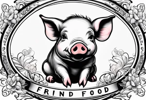 cute pig or piglet.
with text: "friends not food" 
very thin lines
cartoonish style tattoo idea