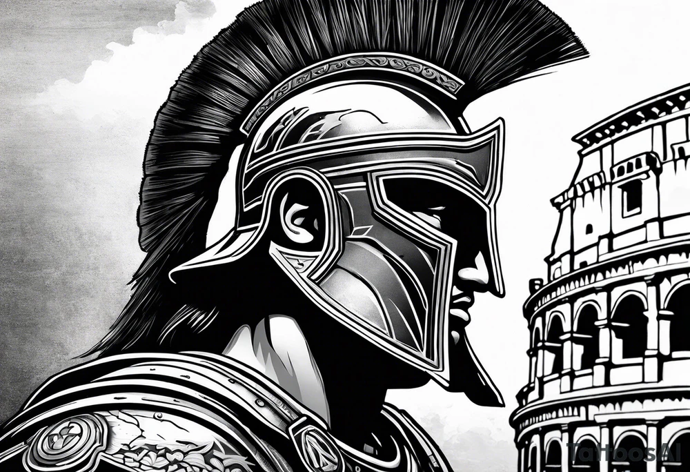 Side profile of spartan soilder looking right at Roman colosseum tattoo idea