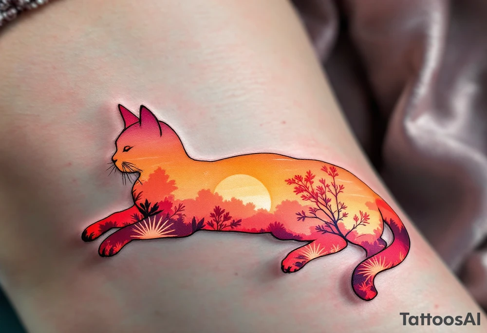 Sunset Cat Silhouette – A lounging cat shape filled with a smooth gradient of orange, coral, and dusky pink like a sunset sky. tattoo idea