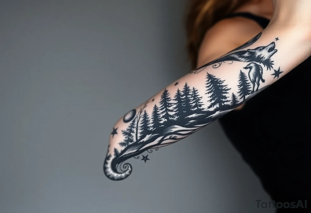 Lone wolf howling at the moon in the forest in the night Columba star tattoo idea