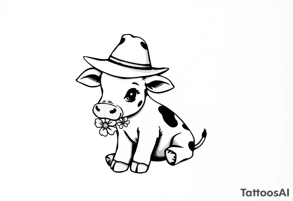 cute black and white baby cow sitting wearing a cowboy hat with a flower in mouth tattoo idea