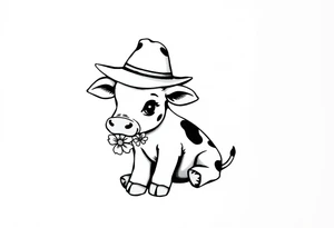 cute black and white baby cow sitting wearing a cowboy hat with a flower in mouth tattoo idea