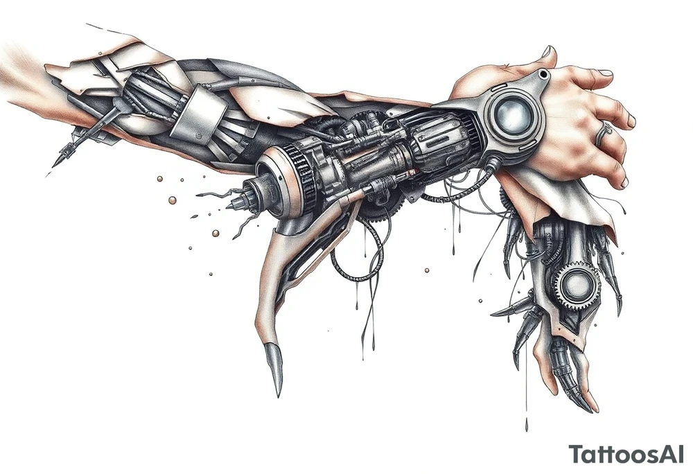 A full sleeve tattoo design for the right arm that starts at the hand and extends up to the right pectoral. The design features a melted skin effect, revealing detailed robotic parts and mechanical components underneath. The melted skin appears torn and organic, seamlessly transitioning to intricate gears, wires, and futuristic machinery beneath, creating a striking fusion of human and robotic elements. tattoo idea