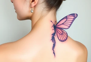 A dreamy portrait of a Virgo woman with delicate butterfly wings, in soft lavender, pink, and pearl white hue tattoo idea