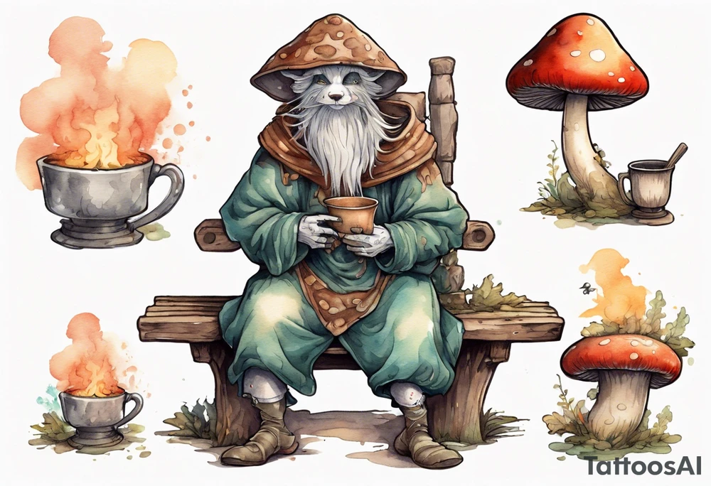 a mushroom-creature wearing a  medieval tunic sitting on a bench by a fireplace drinking from a wood cup, smiling tattoo idea