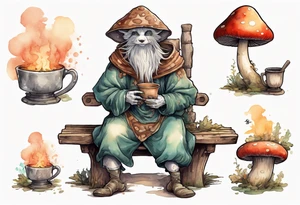 a mushroom-creature wearing a  medieval tunic sitting on a bench by a fireplace drinking from a wood cup, smiling tattoo idea