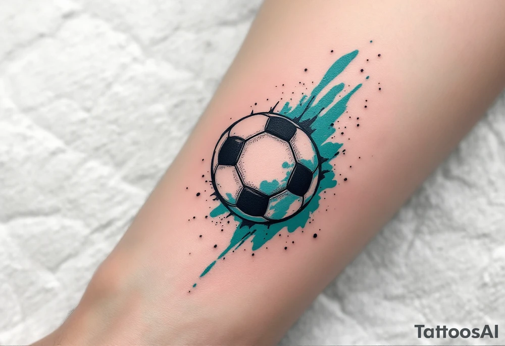 A small behind-the-ear soccer ball tattoo in black with a splash of teal paint. tattoo idea