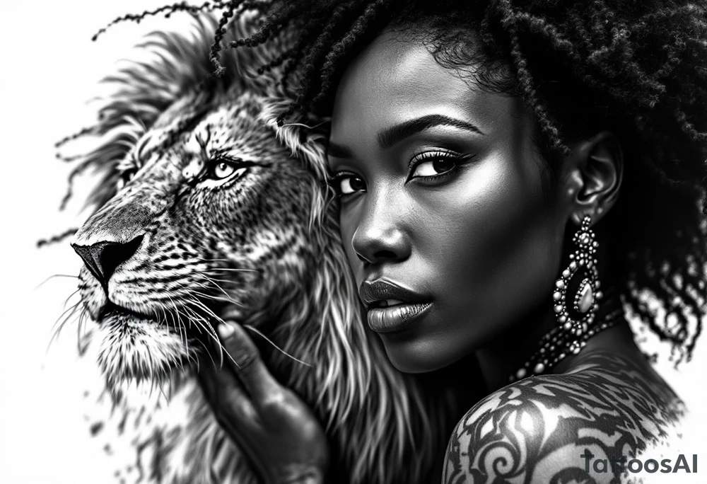 Black African goddess with lion tattoo idea