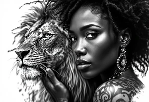 Black African goddess with lion tattoo idea