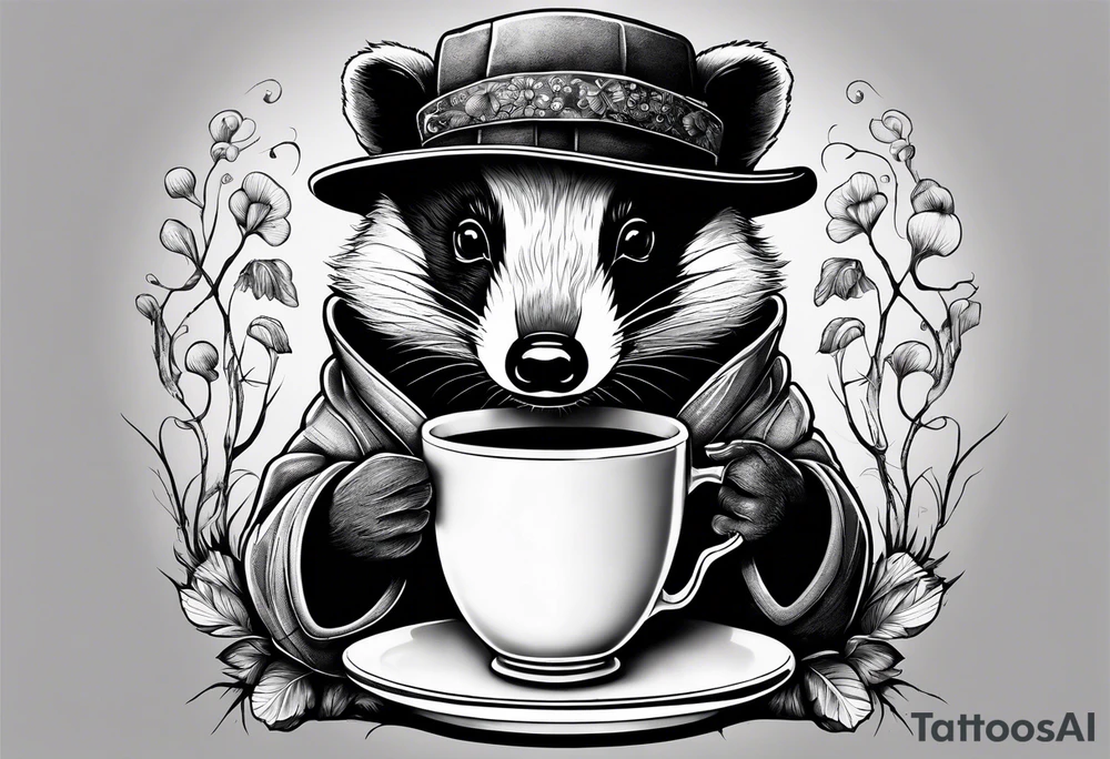 Badger in a coat with a teacup sitting on a mushroom tattoo idea