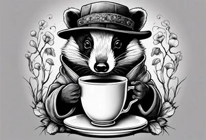 Badger in a coat with a teacup sitting on a mushroom tattoo idea